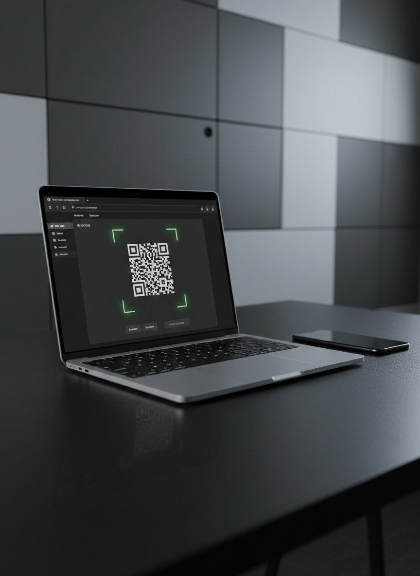 A monochrome-themed workstation centered around a slim, silver laptop displaying a dark-mode QR scanning web app, with a prominent camera preview window and a clearly visible, glowing green outline framing a QR code. On the matte black desk sits a matching black smartphone face-down, showing a subtle reflection of the laptop’s screen on its glass back. The background recedes into a soft blur of geometric wall panels in shades of gray. Cool, directional LED lighting from the back-right creates a sleek gradient across the surfaces and a faint rim light on the laptop’s edges. Shot at a slightly low angle with medium depth of field, the photographic image feels ultra-modern, secure, and efficient, underscoring a professional online scanning experience.