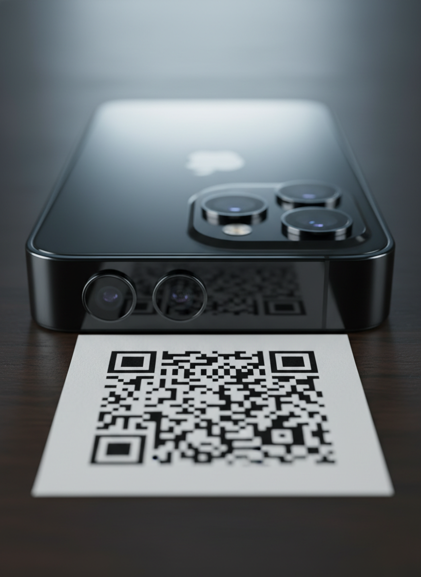 A close-up of a sleek smartphone camera module pointed toward a bold, high-contrast QR code printed on matte white card stock, positioned on a dark wooden surface. The QR code is in sharp focus while the phone body and background softly blur into a smooth bokeh, emphasizing the scanning area. Cool, diffused studio lighting from above and slightly behind highlights the camera lenses and subtle textures of the card and wood grain, casting soft, controlled shadows. The image is captured at an eye-level macro perspective, with a centered, balanced composition. The mood is precise and technical yet approachable, with photographic realism and a clean, professional technology aesthetic that underscores accurate, instant QR detection.
