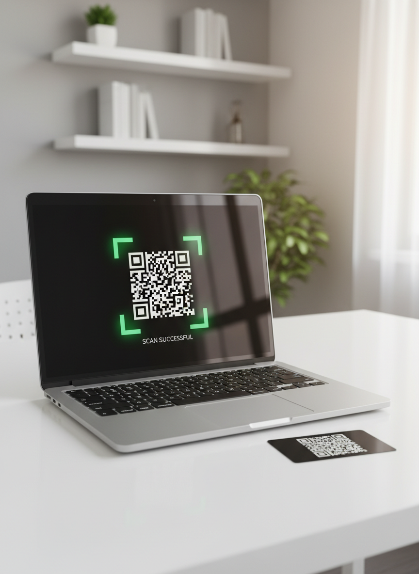 A contemporary aluminum laptop open on a minimalist white desk, its screen showing a large live webcam preview with a QR code framed in green brackets at the center, indicating a successful scan. Next to the laptop lies a flat, black plastic card bearing the QR code, slightly angled toward the camera. The environment is a bright, modern office with blurred hints of shelves and neutral decor in the background. Bright but soft natural light floods from a right-side window, creating subtle reflections on the laptop’s metallic surface. Shot from a slightly elevated angle with moderate depth of field, the composition uses the rule of thirds to keep the QR code as the focal point. The mood is efficient, clean, and secure, rendered in crisp photographic realism.