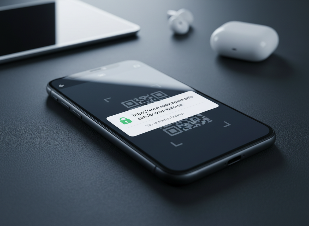 A detailed close-up of a smartphone screen running a QR scanning app, paused on a scanned URL result showing a secure padlock icon and a clearly formatted web address on a white background. Behind the on-screen dialog, the faint outline of a QR code remains visible in the dimmed camera preview. The phone rests on a charcoal-colored desk surface with a subtle texture, and the edges of a tablet and wireless earbud case are softly blurred in the background. Cool, directional studio lighting from the top-left creates controlled reflections on the glass and crisp yet soft shadows. Shot at a low, almost parallel angle with shallow depth of field, the composition emphasizes trust, clarity, and digital safety. Photographic realism and a restrained color palette reinforce a professional, security-focused atmosphere.