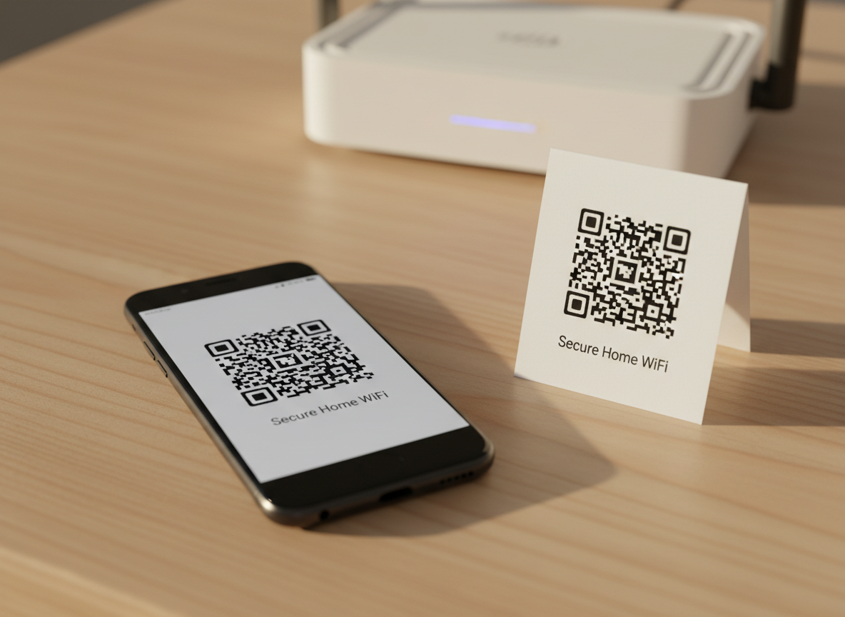 A shiny black smartphone resting on a pale wooden table, its screen showing a QR code generator app with a freshly created network QR code labeled “Secure Home WiFi.” Beside the phone lies a small, tent-style card displaying the same QR code printed in dense black ink on bright white stock. In the softly blurred background sits a modern router with discreet LED lights, hinting at wireless connectivity. Warm afternoon light filters in from the left, casting gentle, elongated shadows and subtle reflections on the phone’s glass. Captured from a slightly elevated angle using shallow depth of field, the composition keeps the digital and printed QR codes as twin focal points. The mood is inviting, secure, and practical, with realistic photographic detail and a clean, modern tech aesthetic.