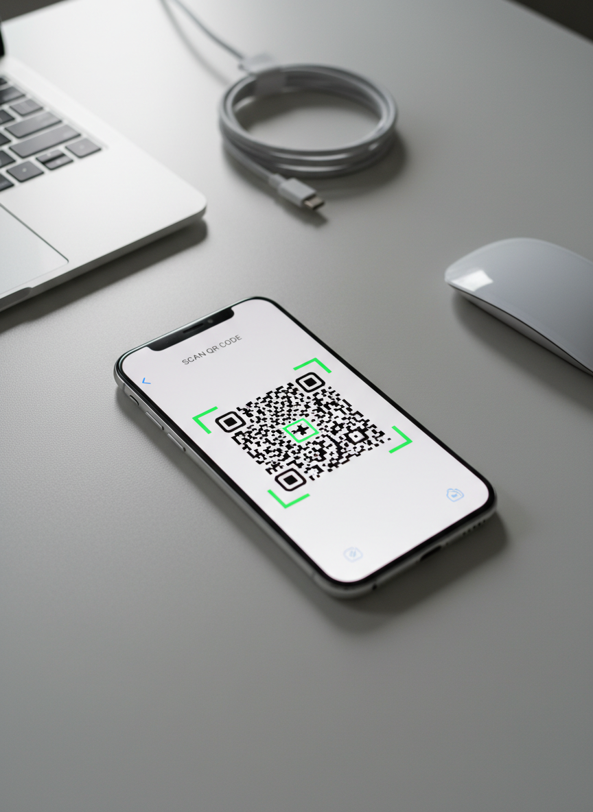 A modern smartphone lying flat on a clean, light gray desk surface, its screen displaying a crisp, high-contrast QR code in the center of a minimalist scanning app interface. Around the phone, a subtle blur reveals the edges of a slim laptop, a wireless mouse, and a neatly coiled white charging cable, suggesting a tidy workspace. Soft daylight from an unseen window to the left creates gentle reflections on the phone’s glass and faint shadows on the desk. Shot from a slightly elevated, three-quarter angle with shallow depth of field, the composition feels professional and focused. Photographic realism, neutral tones, and a clean, modern aesthetic convey speed, simplicity, and reliability in QR code scanning.