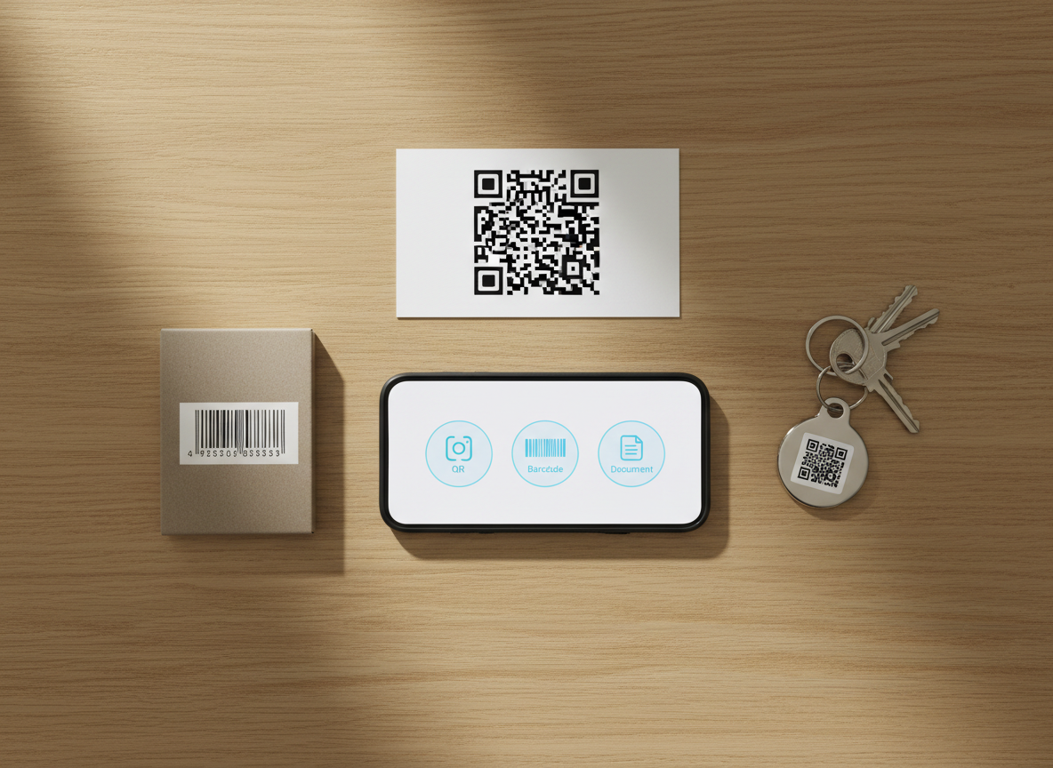An overhead view of a light oak table arranged with different types of codes: a bold QR code on a white card, a retail barcode on matte packaging, and a small QR sticker on a metal key tag, all radiating outward from a central smartphone displaying a unified scanning app interface. The phone screen shows icons for QR, barcode, and document scanning in a clean, modern layout. Soft, indirect daylight from an off-frame window washes the scene, enhancing the natural wood grain and the matte versus glossy finishes of each object, while casting faint, consistent shadows. The photographic composition uses a flat lay style with sharp focus across the image, creating a clear, organized, and versatile mood that highlights multi-format scanning capabilities.