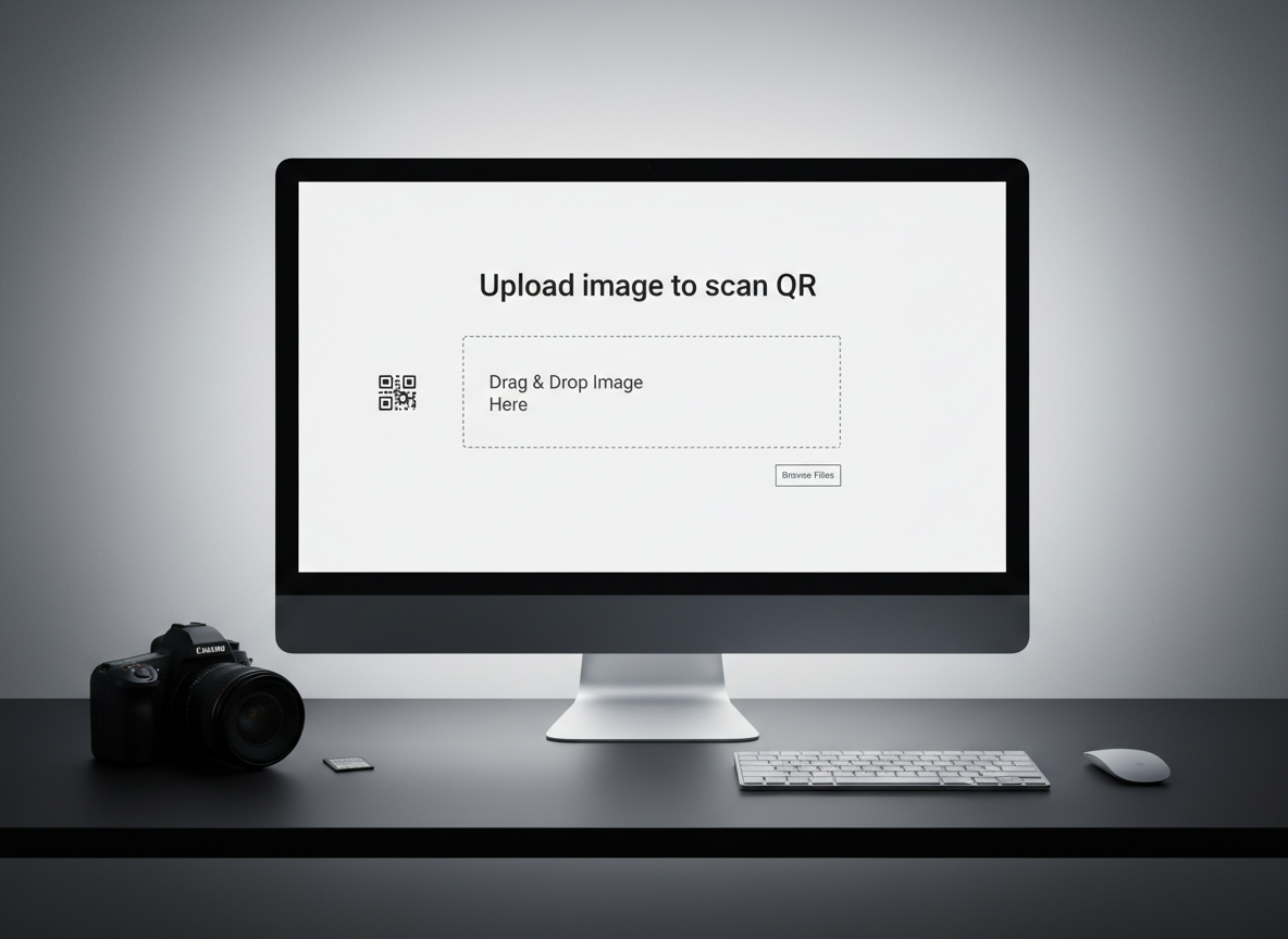 A minimalist desktop scene featuring a large, high-resolution monitor displaying a clean, white web interface with a central “Upload image to scan QR” panel and a prominent outlined drop zone. On the matte black desk surface below, a DSLR camera and a memory card rest beside a slim keyboard, suggesting image-based QR scanning from stored photos. Soft, even studio lighting from above and behind the monitor creates a gentle halo effect, reducing glare while highlighting the matte and glossy textures of the gear. The camera is positioned at an eye-level angle with sharp focus across the frame, giving a clear view of the interface elements. The atmosphere is calm, professional, and slightly futuristic, emphasizing the ease and versatility of scanning QR codes from images.