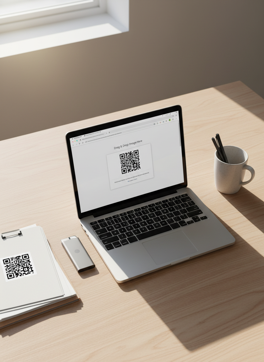 An overhead, bird’s-eye view of a light wood desk showcasing the process of scanning a QR code from an image file. A silver laptop with a bright screen displays a browser window where a QR scanner web app is open, featuring a drag-and-drop upload area with a thumbnail of a screenshot containing a QR code. Nearby, a neatly arranged folder of printed screenshots and a slim external SSD emphasize digital organization. Soft natural daylight from the side creates a gentle gradient of light across the desk, producing delicate shadows under each object. The mood is calm, organized, and efficient, with a photographic, clean, and modern aesthetic emphasizing ease of use without any mobile app installation.