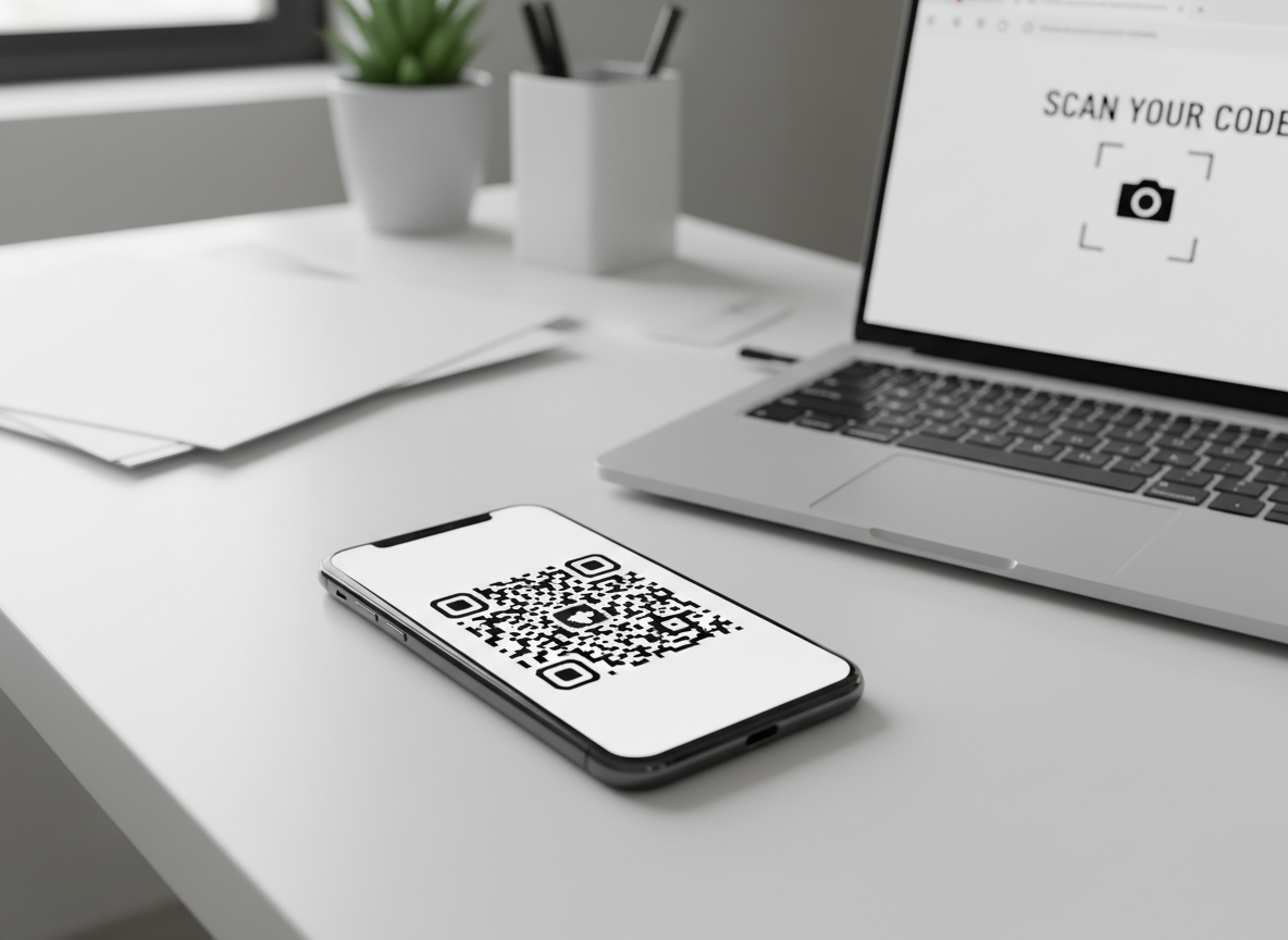 A high-resolution close-up of a glossy black smartphone on a clean white desk, its screen displaying a large, crisp black-and-white QR code centered on a bright interface. Next to the phone lies a sleek silver laptop with a partially visible browser window showing a minimalist QR scanner web page. Soft, diffused daylight from an unseen window creates gentle reflections along the phone’s glass and subtle shadows beneath the devices. The background fades into a tasteful blur of neutral office elements, emphasizing the devices. Shot from a slightly elevated angle with shallow depth of field, the mood is professional, modern, and efficient, rendered in photographic realism with a clean, technology-focused aesthetic ideal for an online QR scanner service.
