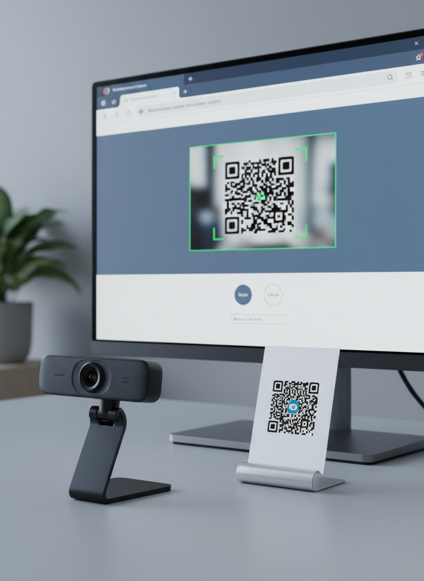 A modern desktop workstation featuring a slim, frameless computer monitor displaying a clean QR code scanning webpage, with a large QR code preview window and simple interface controls. In front of the monitor, a high-quality USB webcam with a matte black finish is pointed toward a printed QR code on a white card standing upright on a minimalist stand. Cool, even studio lighting illuminates the scene, casting precise, soft shadows that highlight the shapes of the hardware. Captured at eye level with sharp focus throughout, the composition follows the rule of thirds, creating a balanced, professional, and trustworthy atmosphere in a crisp photographic style, perfectly conveying web-based QR code scanning via webcam.